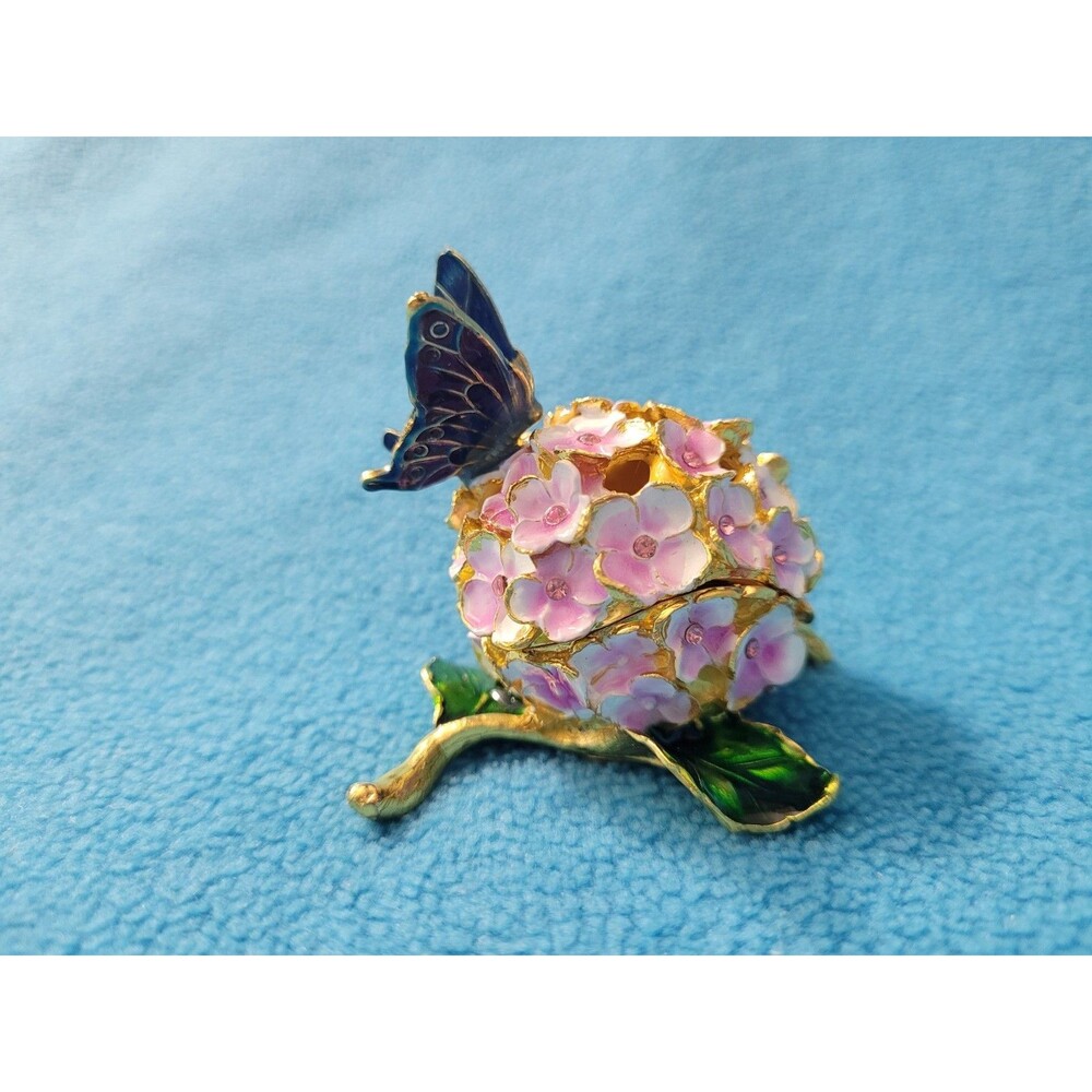 Jeweled Butterfly and Flower Enamel Rhinestone Hinged Trinket Box Hydrangeas